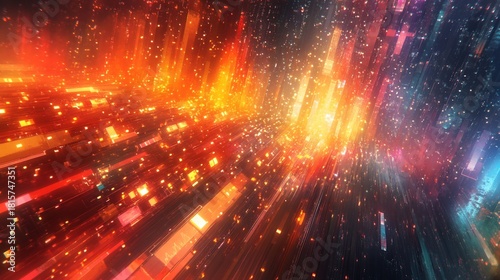 Abstract digital energy flow, futuristic city, vibrant colors, background motion blur