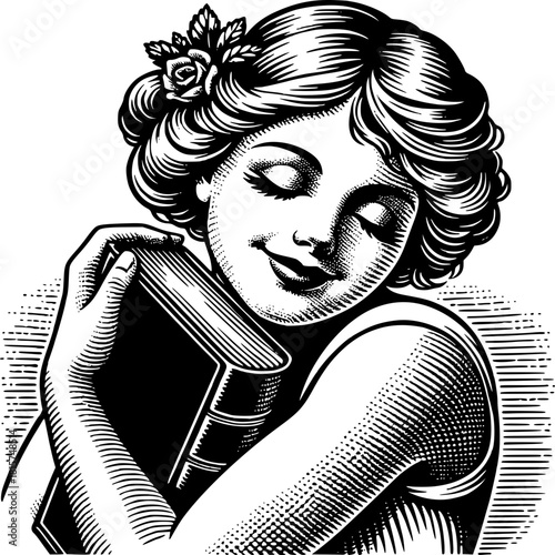 Book Lover: A woman with closed eyes delicately embraces a book, embodying a serene passion for the written word. This image captures the essence of literature's quiet enchantment.