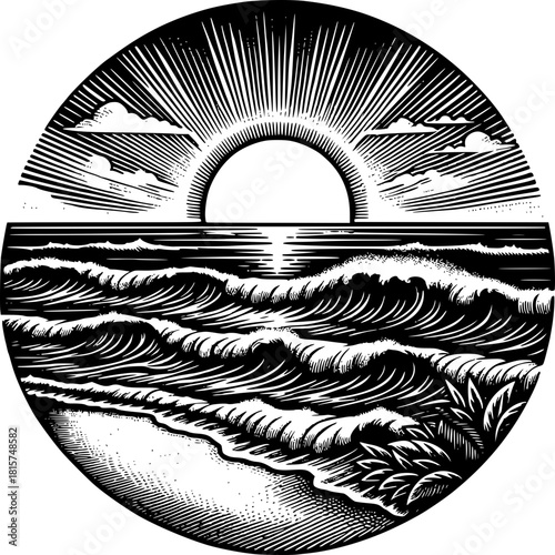 Sunrise over the ocean: A breathtaking illustration showcases the radiant sun ascending over the vast expanse of the ocean. with its rays piercing through the clouds.