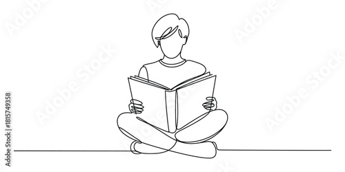 Line drawing of person sitting cross-legged reading open book