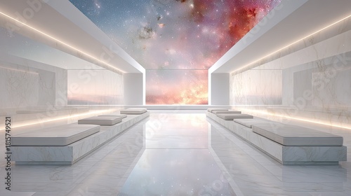 White Minimalist Interior Design With Galaxy Ceiling