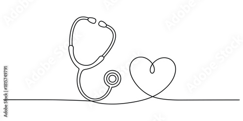 Minimalist stethoscope and heart one line art, healthcare concept