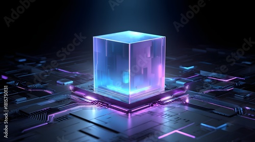 Glowing translucent cube rests upon a complex futuristic circuit board surface