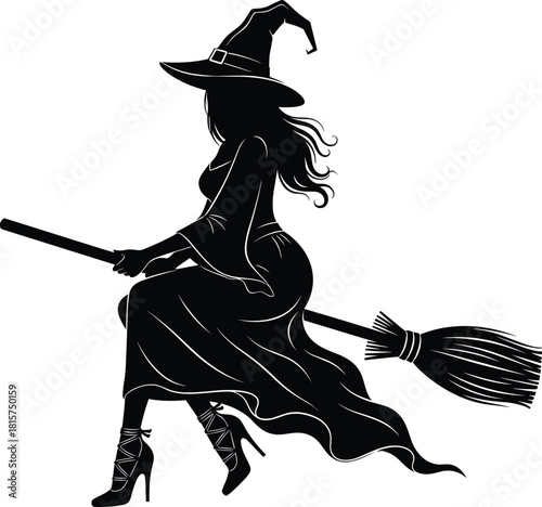 PrintFlying Witch on Broomstick Silhouette Vector Illustration - Halloween Spooky Graphic