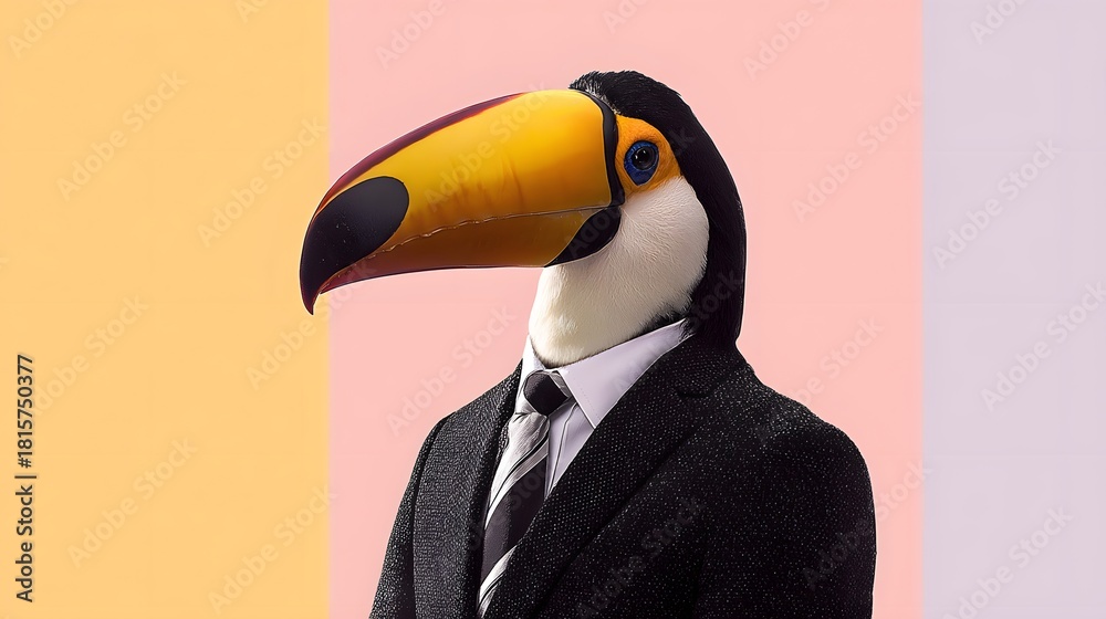 Fototapeta premium Exotic bird wearing formal business attire stands against a split pastel background