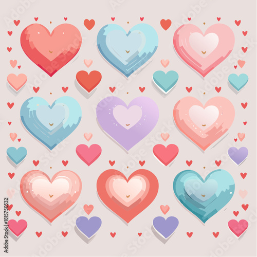 Pola mulus vektor dengan hati merah muda dan merah simbol cinta untuk hari kasih sayang