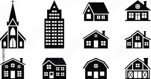 Black silhouette building icons collection, church skyscraper and suburban houses, architecture set for real estate, construction, city skyline and residential design
