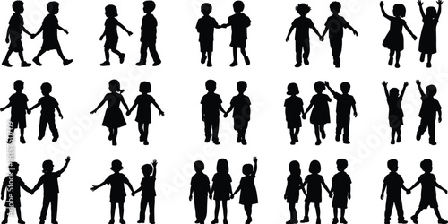 Children silhouette collection, kids holding hands, playing and walking together, friendship and happiness concept, childhood activity, black vector illustration