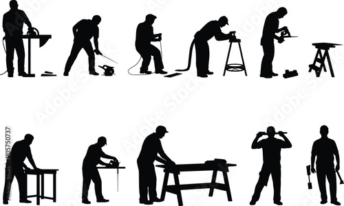 Carpentry workshop silhouette set, woodworker using power tools, cutting, drilling, sanding, construction labor, professional handyman activities, vector illustration pack