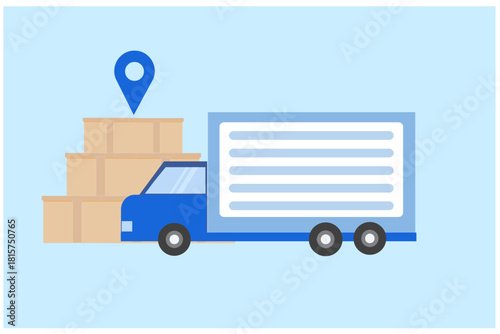 Delivery Truck with Parcel Box and Shopping Bag with Location Pins. logistics, shipping,Freight Forwarding, Ecommerce and Destination Tracking.vector illustrartion