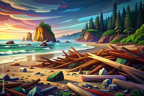 Ruby Beach Driftwood Graveyard Washington Stacks of giant driftwood logs scattered across wild foggy coastline with dark sea stacks