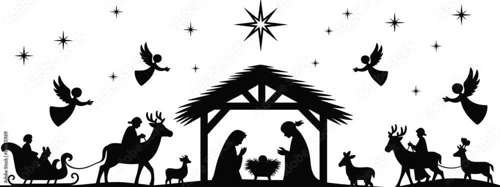 Fototapeta premium Christmas nativity scene silhouette, baby Jesus in manger, Mary Joseph angels and reindeer, holy star night, black vector illustration
