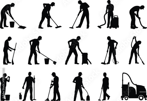 Cleaning staff silhouette set with professional janitors, mops, buckets, vacuum machines, industrial cleaning workers poses, isolated vector illustration collection
