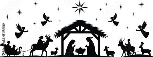 Christmas nativity scene silhouette, baby Jesus in manger, Mary Joseph angels and reindeer, holy star night, black vector illustration