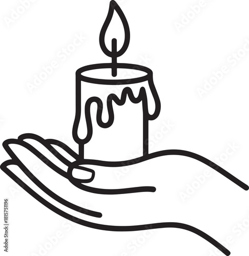 Hand holding burning candle line drawing in memory celebration vector illustration