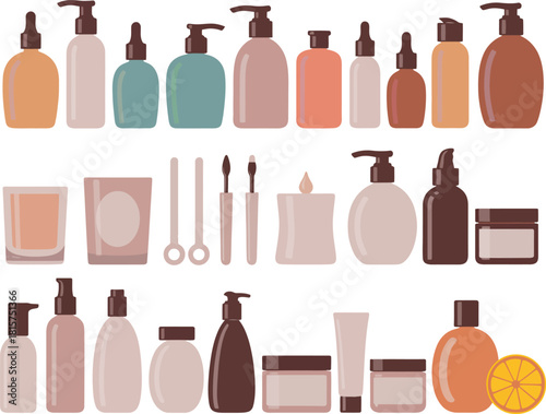 Flat Vector Set of Cosmetic and Makeup Products .
