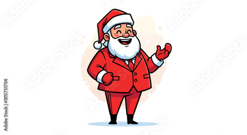 A cheerful cartoon Santa Claus character in a modern red suit, smiling and waving against a white background.