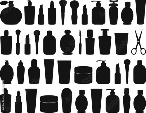 Cosmetics and Beauty Products Silhouettes Vector Set .