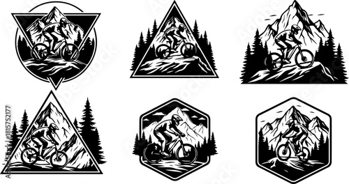 Mountain Biking Adventure Silhouette with Pine Forest and Peaks