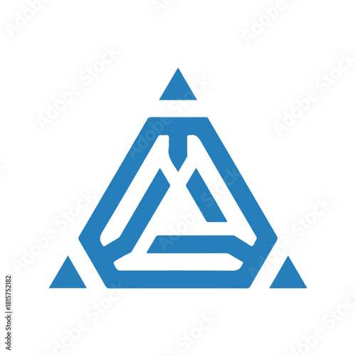 A stylized blue geometric logo featuring interconnected triangles and a central design element.