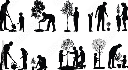 Family tree planting silhouette collection, parents and children gardening together, environmental protection concept, outdoor nature care, black vector illustration set