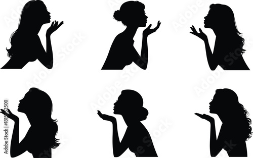 Female silhouette set blowing kisses, elegant woman profile shadows, beauty and fashion gesture collection for cosmetics, posters, branding and marketing designs