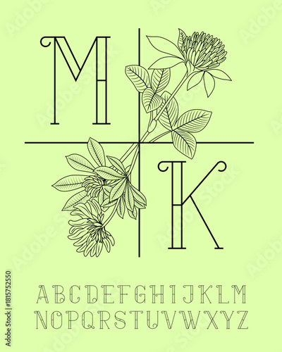 An elegant monogram template with delicate clover leaves and flowers. This vector is perfect for branding, wedding stationery, logos, and any project requiring a touch of classic, organic beauty.
