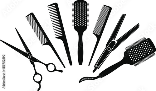 Hairdressing Salon Tools Silhouettes Vector Set .