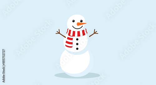 Cheerful cartoon snowman wearing a red and white striped scarf, featuring a carrot nose and stick arms, set against a light blue winter background.