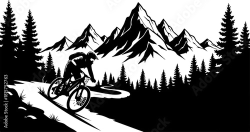 Mountain Biking Adventure Silhouette with Pine Forest and Peaks