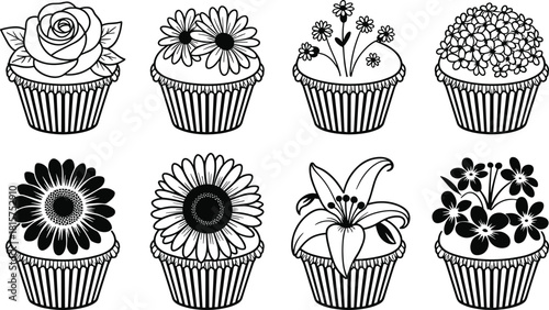 Floral cupcake illustration set, muffins with roses daisies lilies and garden flowers, black and white vector design for bakery projects
