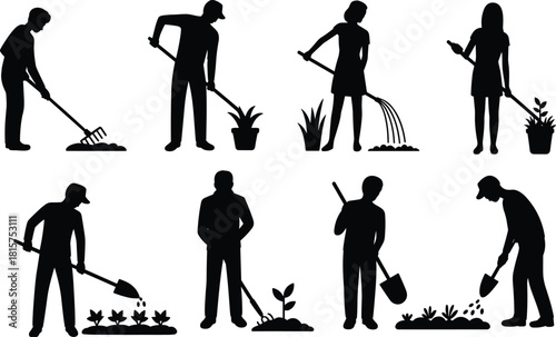 Gardening people silhouette set, men and women planting watering raking soil, outdoor garden work, landscaping activity, black vector illustration