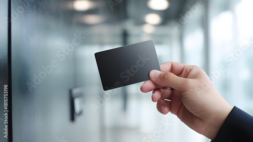 Individual holding blank dark access card near a surface in a modern setting