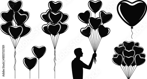 Heart balloon silhouette collection, romantic love themed decoration, floating helium balloons, valentine celebration elements, black vector illustration for greeting layouts
