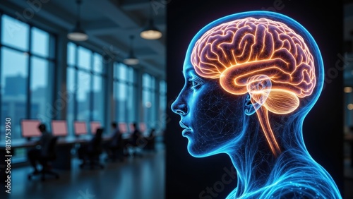 A glowing abstract representation of a human brain in blue and orange is presented against a blurred office background with computer workstations.