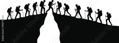 Hiking group silhouette crossing mountain ridge, trekking adventure concept, outdoor travel teamwork, backpackers on trail, nature exploration, black vector illustration