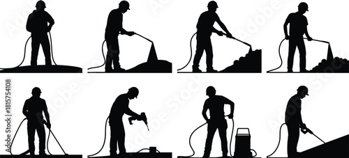 Industrial cleaning worker silhouettes, pressure washing operators, surface sanitation process, construction maintenance activities, professional spraying equipment, black vector illustration set