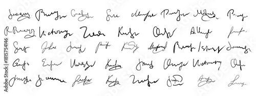 Fake signatures variety set. Collection of fictitious handwritten autographs and imitation signs.
