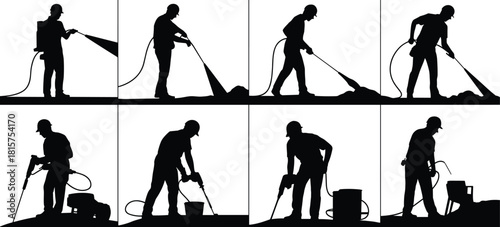 Industrial cleaning worker silhouettes, pressure washing equipment operators, surface sanitation process, construction maintenance crew activities, black vector illustration for commercial use