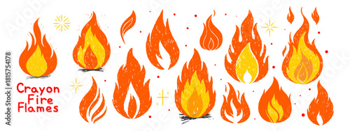 Grunge crayon fire flames collection. Hand drawn doodle flame set with texture