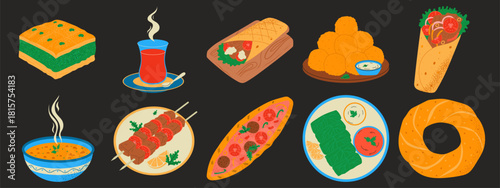 Turkish cuisine traditional set. National food dishes. Baklava, doner kebab, shawarma, kebab, tea, dolma, pide, fried carrot balls, lentil soup