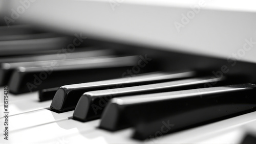 A close-up of piano keys showcases the contrast between black and white keys, emphasizing tactile details and textures for a classic feel.