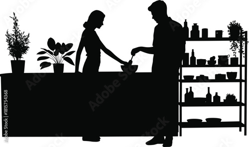 Kitchen couple silhouette cooking together, home interior scene, modern cookware shelf, family lifestyle, food preparation concept, black vector illustration design