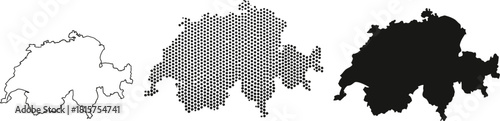 Switzerland Map Set - Outline, Dots, and Solid Silhouette
