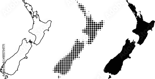 New Zealand Map Set with Outline, Halftone and Silhouette