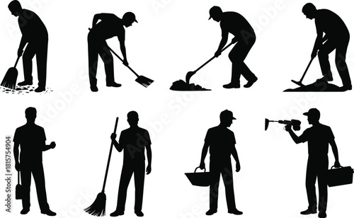 Silhouettes of workers cleaning and digging, laborers sweeping and shoveling, maintenance staff using tools, construction workforce vector illustration set