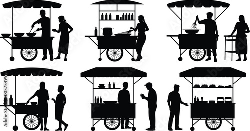 Street food vendor silhouettes, food cart scenes, people cooking serving customers, urban hawker stall lifestyle, black vector illustration collection set