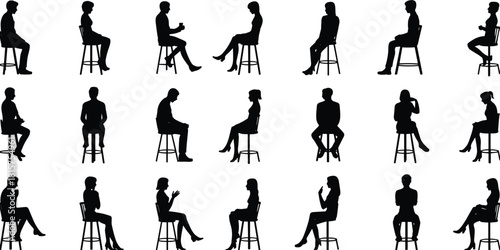 Sitting people silhouette collection, men and women on stools, interview poses, conversation gestures, business and lifestyle characters, black vector illustration