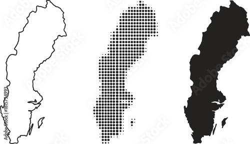 Sweden Map Set: Outline, Halftone Dot and Silhouette