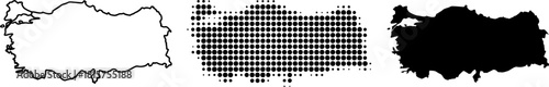 Map of Turkey Silhouette Variations: Outline, Halftone, and Solid Black